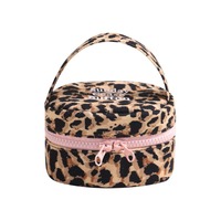Pochette de toilette ronde à imprimé léopard, portable, avec fermeture éclair, personnalisable avec logo, mignonne, pour voyage, pour femmes