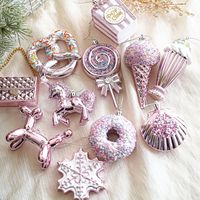 Ensemble d'ornements de Noël roses, décorations fantaisie pour fêtes de fin d'année, décorations suspendues en forme de sucette, beignet et chien ballon scintillants pour Noël