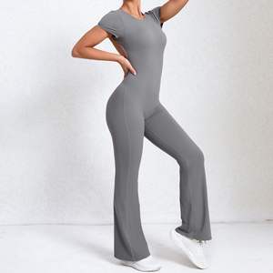 2024 Nylon Frauen Leichte Overalls Ärmel Rücken freie Sport bekleidung Open Back Workout Yoga Wide Flare Leg - Product Image 6