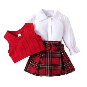 Ensemble de vêtements décontractés pour filles en gros, chemise à manches longues blanche de Noël + <span class=keywords><strong>gilet</strong></span> en tricot rouge + jupe à carreaux, 3 pièces - Product Image 1