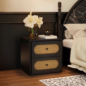 Small Apartment Short Rattan <strong>Bedside</strong> <strong>Table</strong> Light Luxury Retro Solid Wood Double Drawer Bedroom Storage <strong>Bedside</strong> <strong>Table</strong> - Product Image 2