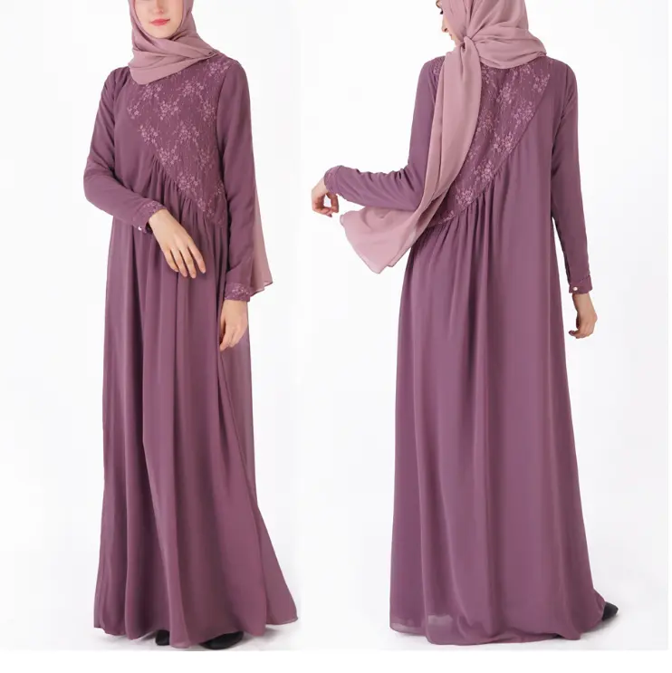 Islamic Clothing Lace Chiffon Plain Color Muslim Women Turkish Abaya Long Sleeve Maxi Dress