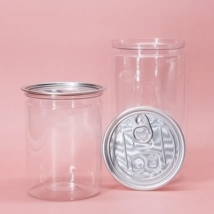 Food Grade Pop Cans Pet Clear Plastic Jars With Diameter 80mm 300# Aluminum Easy Open Lid