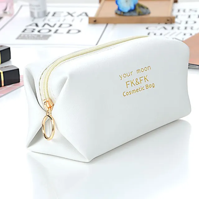 Özel boyut promosyon ücretsiz hediye kadınlar altın fermuar beyaz Pu deri kozmetik çantası