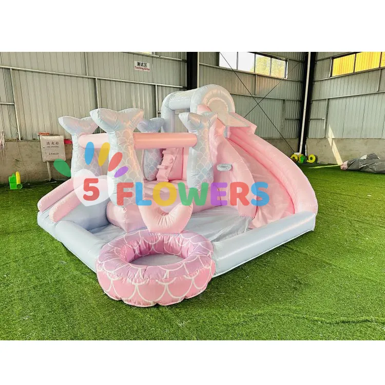 Popular PVC inflatable bounce house pastel color bouncer beautiful mermaid bouncy castle with slide small pool for party rentals
