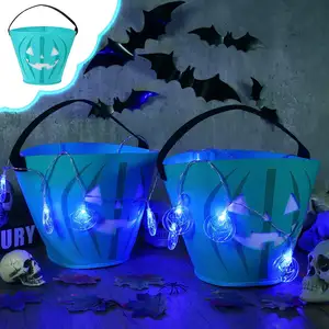 hot selling led light up blank fabric felt pumpkin trick or treat candy halloween kids bucket for party favors decor