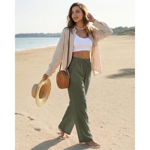 Pantalon décontracté en lin pour femme, taille haute, coupe ample avec cordon de serrage, poches latérales, respirant, style droit, idéal pour l'été - Product Image 2