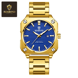 Binbond Men's Watch Gold Stainless Steel Quartz Blue Dial Luminous Calendar Square Fashion Watch - Product Image 5