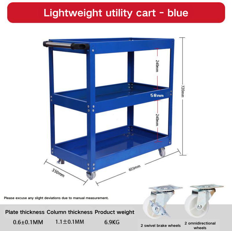 Chariot à outils économique à 3 niveaux, double face bleu, avec roues blanches
