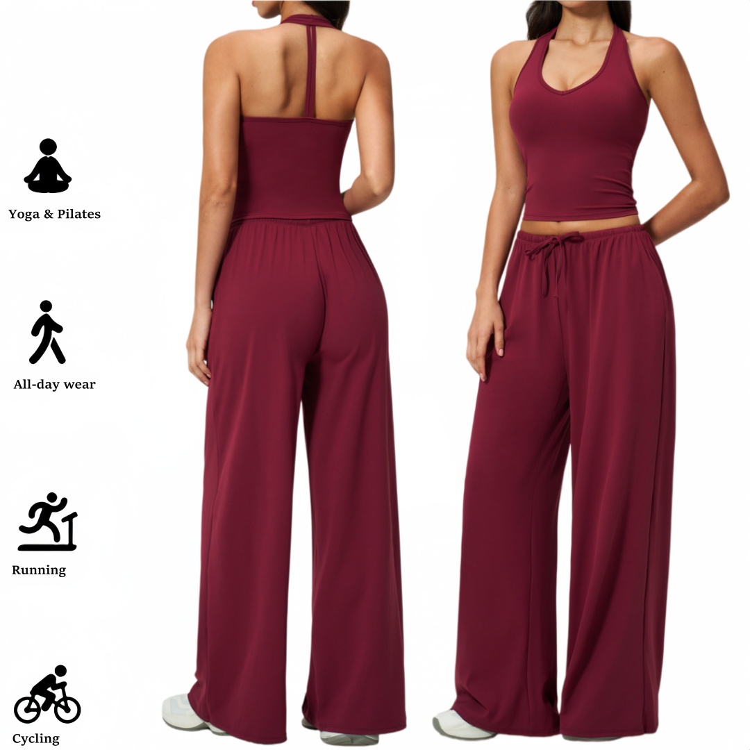 Women Outdoor Fitness Yoga Set Halter Neck Shockproof Top Quick Dry Loose Wide Leg Sports Long Pants