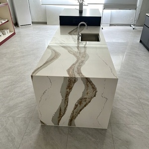 Îlot de cuisine personnalisé en quartz blanc <span class=keywords><strong>avec</strong></span> évier et tiroirs intégrés, bord cascade, design de meuble moderne OEM, grand espace de rangement - Product Image 4