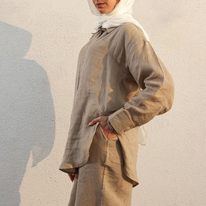 Tùy Chỉnh Vải Lanh Hồi Giáo Phụ Nữ Thiết Lập Mới Nhất Thiết Kế Màu Rắn Cotton Linen Pha Trộn Phụ Nữ Áo Sơ Mi Và Quần Đặt Phụ Nữ khiêm tốn Bộ - Product Image 2