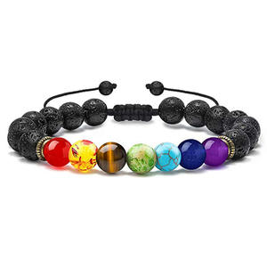 7 Chakra <span class=keywords><strong>bracciale</strong></span> di perline intrecciate da uomo con pietra lavica occhio di tigre <span class=keywords><strong>verde</strong></span> <span class=keywords><strong>giada</strong></span> turchese che riequilibra gioielli da Yoga rotondi - Product Image 3