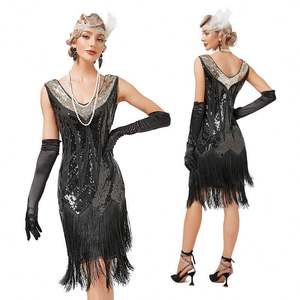 Robe à clapet vintage des années 1920 Double pompon Great Gatsby Cosplay Costume pour Cocktail Party <span class=keywords><strong>Charleston</strong></span> Dance Sequin Stud V-Neck - Product Image 2