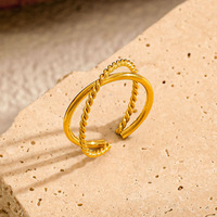 Bague ouverte double couche en acier inoxydable plaqué or 18 carats, texture corde torsadée, ajustable, certifiée pour femme