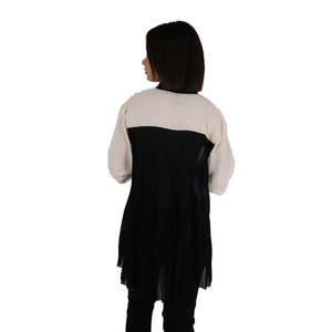 Donna Camicia Beige Nero Long Sleeve <b>Blouse</b> With Black <b>Neck</b> <b>Tie</b> Asymmetric Hem Women's Top - Product Image 5