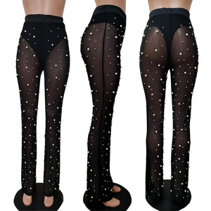 Pantalon large pour femme en maille côtelée en caoutchouc avec perles décoratives, style automne-hiver, taille S-XXL - Product Image 6