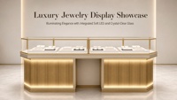 Vitrine à bijoux de luxe avec cadre doré, verre ultra-transparent, éclairage LED chaud et rangement dissimulé pour magasin de détail haut de gamme