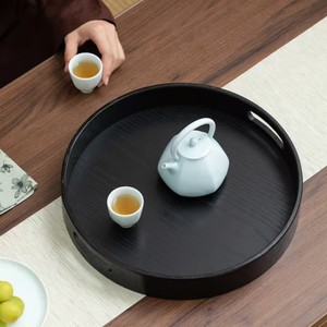 Plateau de service rond en bois noir YFF, multifonctionnel pour le thé, les collations, l'affichage et le rangement, finition laquée - Product Image 4