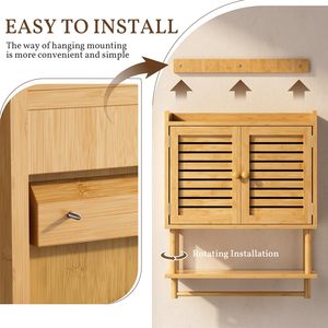 Bathroom Wall Cabinet Bamboo Medicine Cabinet with Double Doors 3 Tier Adjustable <b>Shelf</b> for <b>Kitchen</b> Bedroom Living Room - Product Image 6