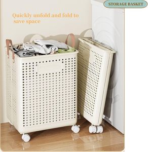 Home Supplies Large Dirty Clothing <b>Basket</b> Plastic Rolling Laundry <b>Hamper</b> With Underwear <b>Basket</b> Handle Wheels - Product Image 3