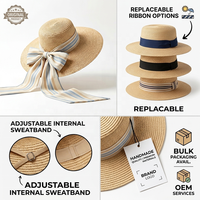 Topi Jerami Premium Bertepi Lebar dengan Pita Besar Bergaris, Model Floppy untuk Pesta, Pantai, Liburan Musim Panas, Topi Bunga Elegan