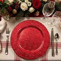 Assiettes de présentation de luxe 2026 en plastique PP durable et non toxique, motif flocon de neige rouge, pour mariages et banquets d'hôtel