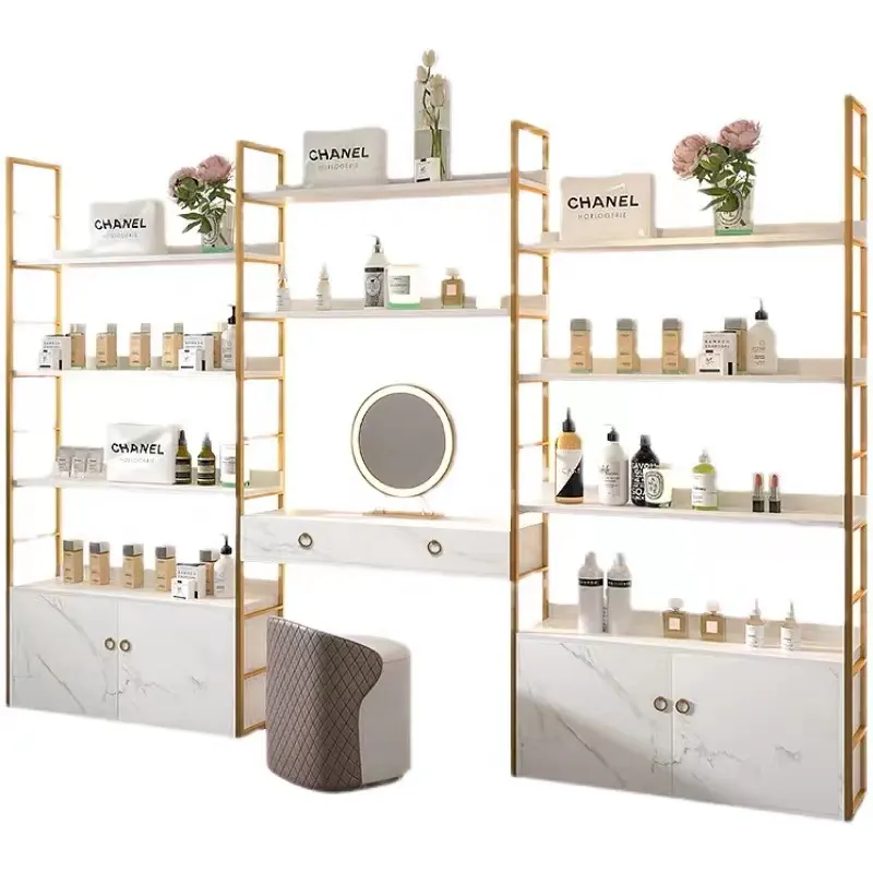 Vitrinas de salón de belleza, estantes de almacenamiento para el cuidado de la piel y productos cosméticos en salones de belleza, estantes luminosos