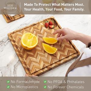 Planche à découper en teck pour cuisine (petite) – Planche <span class=keywords><strong>de</strong></span> boucher en chevrons avec rainure pour jus et fosse d'angle, planche à charcuterie - Product Image 6
