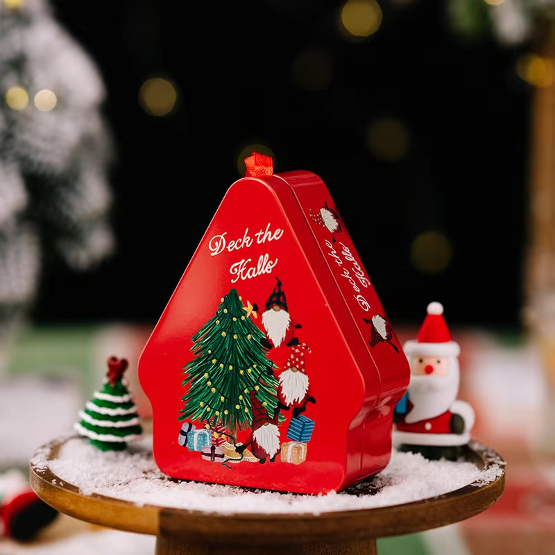 Red box with Christmas tree pattern