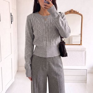 Pull en maille torsadée à col rond style français pour femme, taille unique, gris, coupe ajustée, haut de gamme - Product Image 1