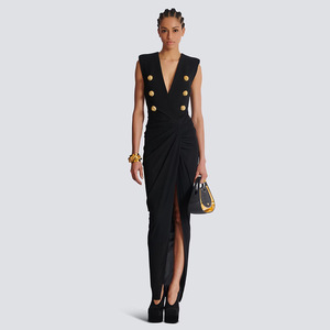Abito da donna di alta qualità da donna Boutique 2025 nuovo abito <span class=keywords><strong>nero</strong></span> doppiopetto a Modulare alto in vita dimagrante con fibbia in metallo - Product Image 3