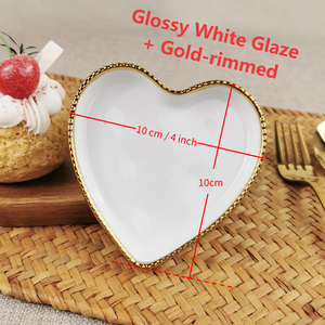 Piatto da Dessert a forma di cuore in ceramica di alta qualità da 10 cm 4 pollici per ristorante glassa bianca lucida con glassa cerchiata d'oro - Product Image 2