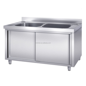 Heavy Duty Stainless Steel Double <b>Sink</b> <b>Unit</b> with Sliding Cabinet for Restaurant <b>Kitchen</b> Canteen Catering - Product Image 3