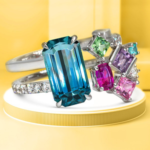Anello da Cocktail Q466 per Donna, Acquamarina Naturale Taglio Smeraldo, Montatura a Griffe, Anelli di Fidanzamento alla Moda, Design Geometrico - Product Image 1