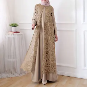 2022 New Design Muslim Women Lace Crochet Party Gown Crew Neck Long Maxi Dress Kaftan