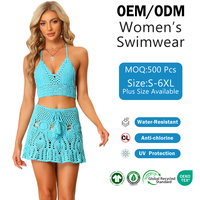 Shanhao OEM Bikini deux pièces en crochet pour femme, haut triangle dos nu turquoise, mini-jupe festonnée à cordon de serrage, tricot ajouré, tenue de plage