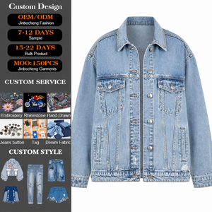 Personalizzato blu chiaro Oversize pesante Wash distrutto giacca da <span class=keywords><strong>donna</strong></span> camionista in Denim con bottone a maniche lunghe Streetwear autunno inverno - Product Image 1
