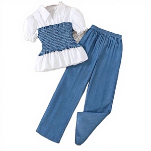 Elegante Set di Abbigliamento Formale per Bambine, T-Shirt e Pantaloni Larghi in Poliestere/Cotone, Autunno/Estate - Product Image 4