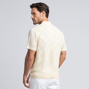 Camicia <span class=keywords><strong>Polo</strong></span> Estiva da Uomo in Maglia Bianca Crema con Occhielli, Maniche Corte, Traspirante, con Bottoni - Product Image 2