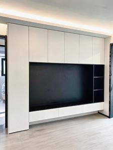 <span class=keywords><strong>Meuble</strong></span> <span class=keywords><strong>TV</strong></span> moderne en laque blanche avec étagère ouverte noire et tiroirs sans poignées pour salon - Product Image 2
