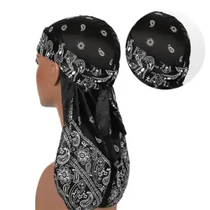 Unisex ipek Durag erkekler özel baskı yumuşak Bandana türban saç aksesuarları Hip Hop uzun kuyruk askıları Paisley ipeksi Durags