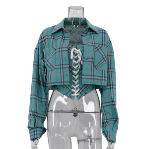 Nuovo arrivo alla moda primavera 2025 donna abbigliamento due pezzi in cotone Plaid a fascia di cotone <span class=keywords><strong>corsetto</strong></span> Crop Shirt e tubo Top Set - Product Image 4