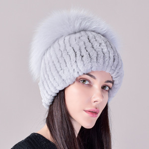 Gorro de Piel de Conejo Rex Auténtica, Gorro de <span class=keywords><strong>Paja</strong></span> con Piel de Zorro, Gorro de Punto Cálido y Grueso, Gorro Baotou de Felpa para Mujer, Gorros de Moda para Otoño e Invierno - Product Image 5