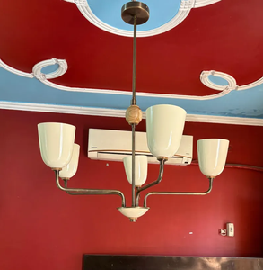 Lustre LED italien élégant de style Mid-Century Modern en laiton, 5 lumières, abat-jour crème, hauteur réglable, protection oculaire, pour salon - Product Image 2