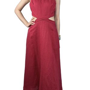 Elegante Vestido Largo Rojo de Lino con Cuello Redondo y Cintura Recortada para Mujer, Ideal para Fiestas y Uso Casual - Product Image 2