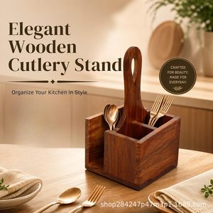 Boîte de rangement de bureau en bois 12,5x12x23,5 cm avec poignée pour organiser les ustensiles de cuisine - Product Image 4