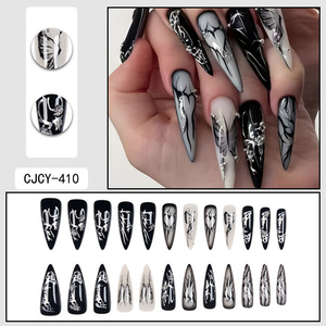 Faux ongles gothiques papillon à presser, longs, forme stiletto, noirs et blancs, brillants, couvrance totale pour les doigts - Product Image 2