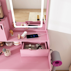 3-Color LED Wood Vanity Mirror Stool Durable <b>Modern</b> Makeup Vanity for Bedroom Pink <b>Dressing</b> <b>Table</b> 2 Drawers 5 Storage Cabinets - Product Image 5