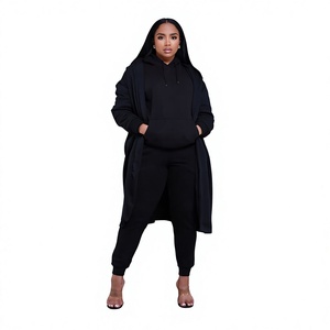 Conjunto de 2 Piezas para Mujer, Sudadera con Capucha y Pantalones Deportivos, Color Negro Sólido, Corte Holgado Informal, Tejido de Algodón, Traje Deportivo Largo para Uso Diario - Product Image 1